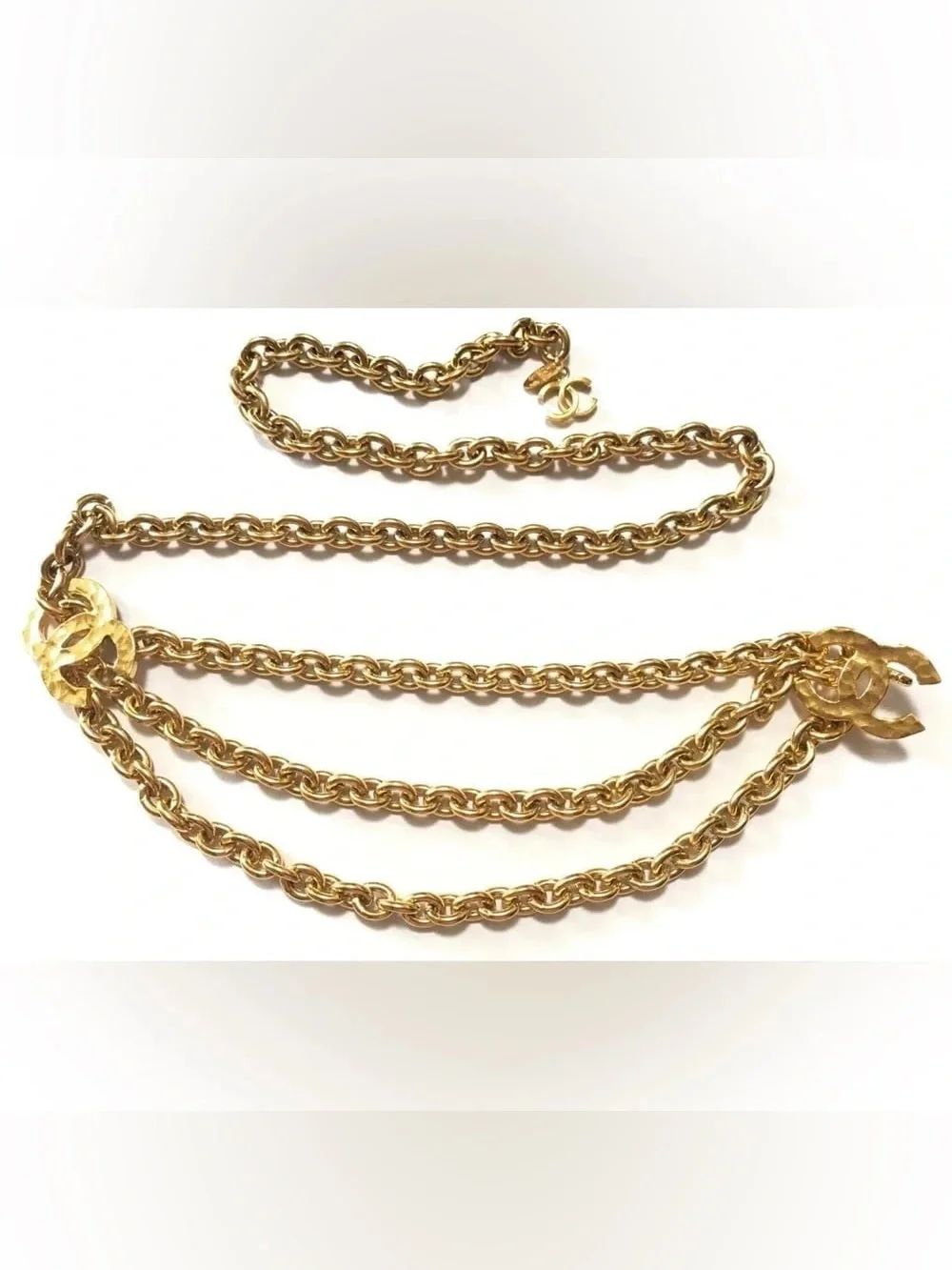 Authentic CHANEL gold plated CC triple chain hanging belt vintage 80cm